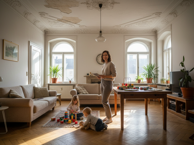 Frau mit Kindern in Altbauwohnung